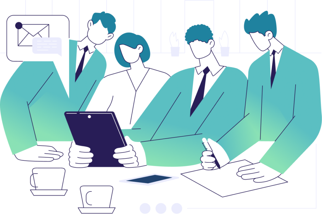 Graphic of four people looking at a message notification on a tablet, representing contacting HIA