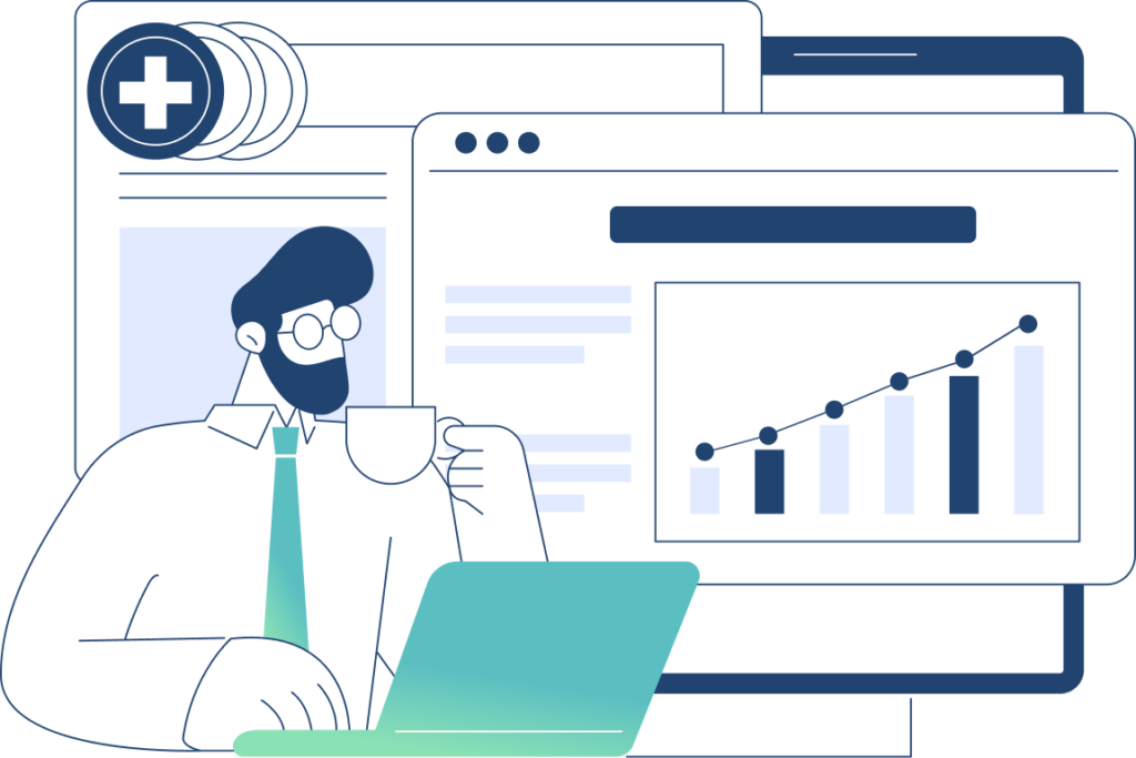Graphic of a man and his computer against increasing analytic charts, representing growth and increased connections