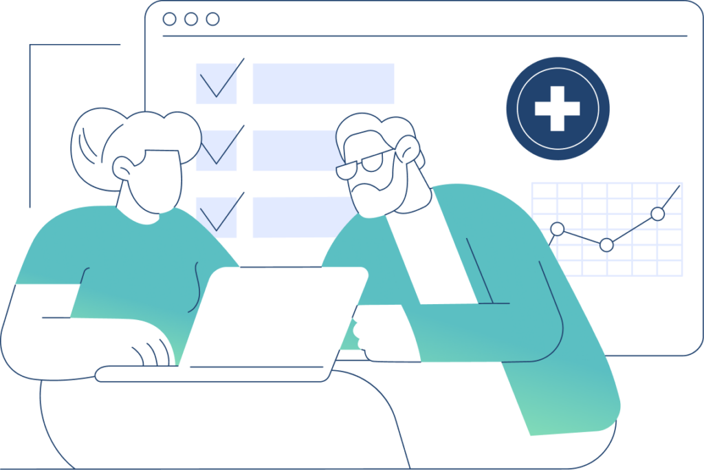 Graphic of a man and woman looking at a computer, representing healthcare consulting