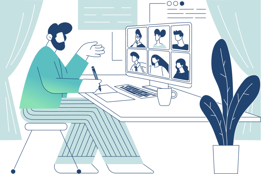 Graphic of a man on his computer on an online call taking notes, representing growing relationships with investors and healthcare leaders