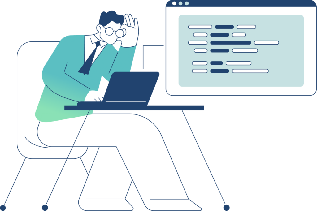 Graphic of a man at a table looking at a computer screen, representing research in healthcare advocacy