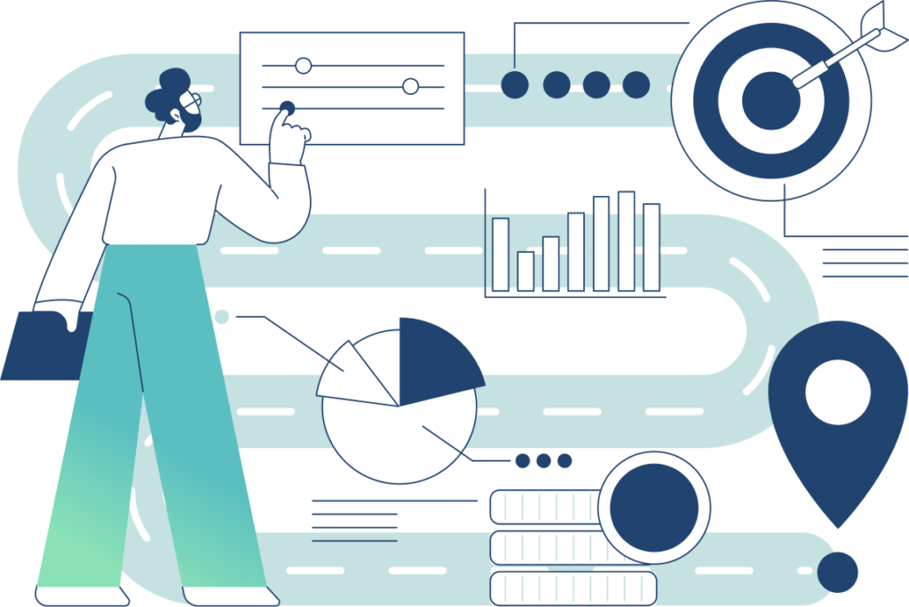 Graphic of a man looking at a winding road with various targets placed throughout, representing the growth path of HIA