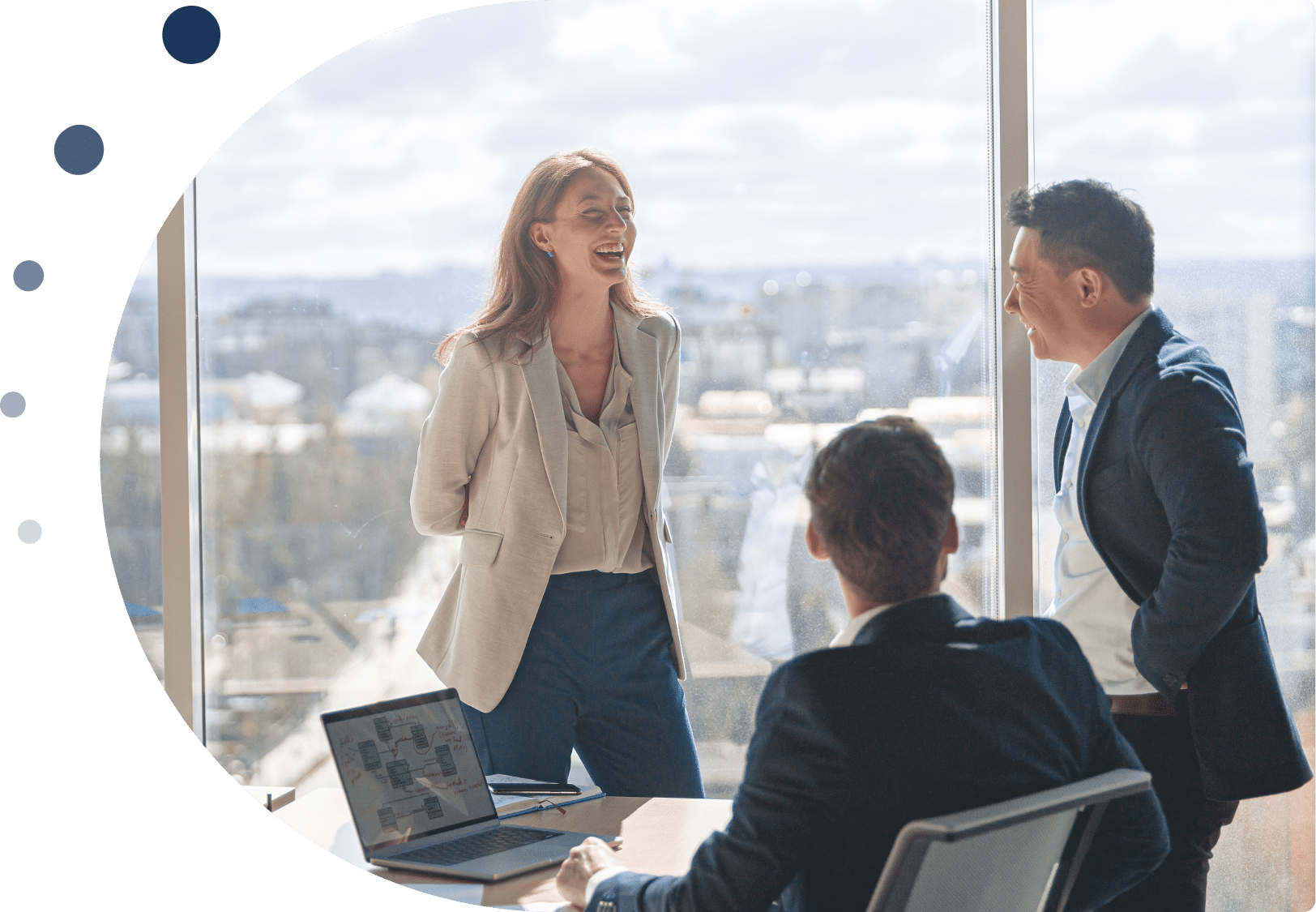 Three business professionals discussing experience and engagement strategies